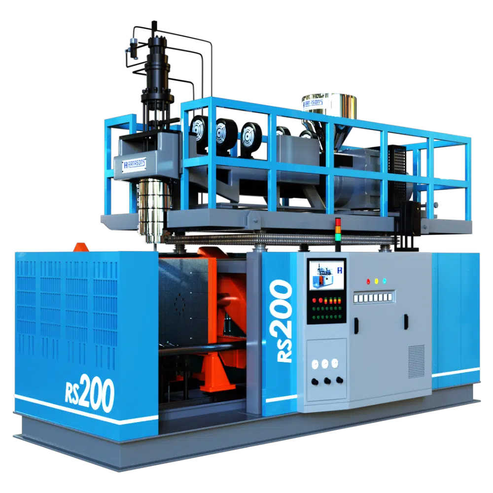 200L Blow Moulding Machine. Extrusion Blow Moulding Machine which can make articles from 120L to 200L. Available with Multiple Layers, Multiple Cavity and Automations. Best Blow Moulding Machine